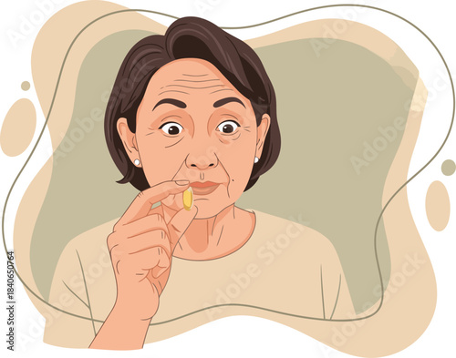 An elderly Asian woman focuses intently, holding a pill. A vibrant, illustrative style emphasizes self-care and well-being. Clean background, modern design.