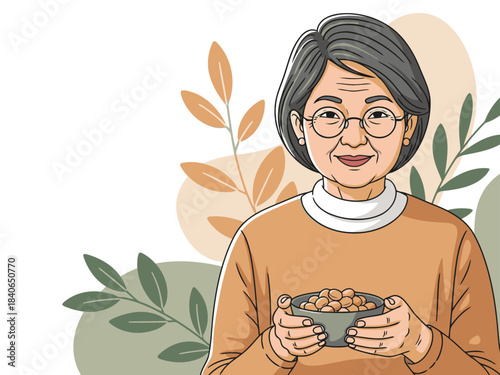 An elderly Asian woman holds a bowl of nuts, smiling warmly. Soft, earthy tones and a natural backdrop create a comforting and nourishing image. Ideal for health, wellness, and lifestyle content.