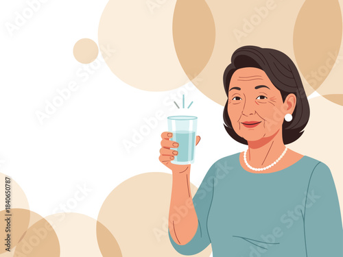 An elderly Asian woman smiles and raises a glass of water, celebrating health. A soft, warm background enhances the positive and joyful mood. Ideal for wellness and lifestyle campaigns.