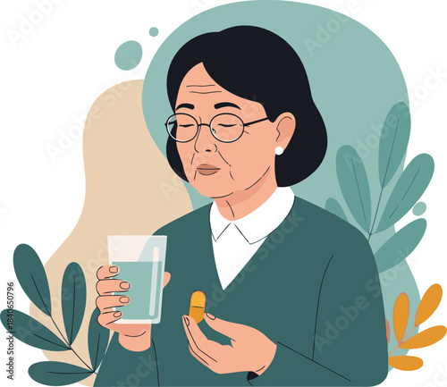 An elderly Asian woman takes a pill, radiating inner peace. Soft colors and a calming background evoke serenity. Ideal for wellness and mindfulness campaigns.