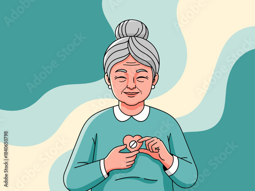 A smiling elderly woman holds her heart, taking medication.  A warm, inviting image promoting heart health.  Soft colors and a gentle expression.