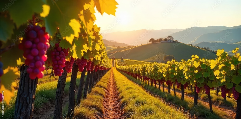Naklejka premium Golden Tuscan Hillsides Grape Harvest in Italys Wine Country. Ripe grapes hang heavy on sun-drenched vines, creating a picturesque autumn scene.