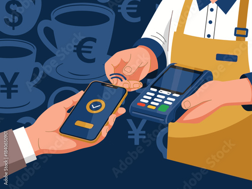 A man pays with his smartphone at a coffee shop. Modern payment technology, currency symbols, and a friendly barista create a vibrant, commercial scene. Suitable for finance and retail themes.