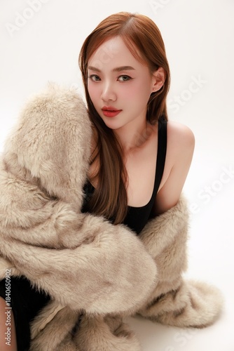 Confident Glamorous Asian Woman Posing in Luxury Fur Coat Ready for a Party.