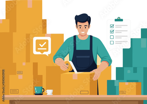 A smiling man packs boxes for fast shipping, showcasing efficient logistics. Bright, modern illustration with a clipboard and stacked boxes. Perfect for e-commerce and delivery themes.