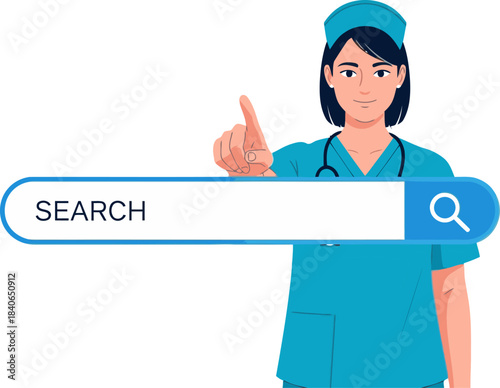 A healthcare professional searches for care using a digital search bar. Modern, clean design with a nurse illustration and network graphics. Professional, optimistic, and informative.