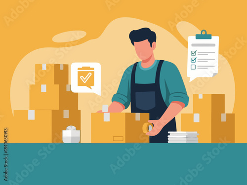 A man prepares boxes for shipping, showcasing fast delivery. A clipboard with a checkmark highlights efficiency. Bright, modern illustration.