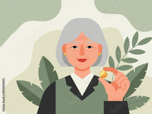 A mature woman with gray hair holds a pill, radiating strength and resilience.  A leafy branch frames her portrait, conveying wisdom and vitality.  A modern, uplifting illustration.