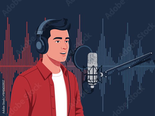 A young man records audio with a microphone in a studio setting. He wears headphones and a red shirt. A soundwave graphic dominates the background. Professional recording setup.