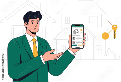 A professional man holds a smartphone displaying a house icon, symbolizing homeownership. He?s smiling, suggesting a dream fulfilled. Modern illustration style.