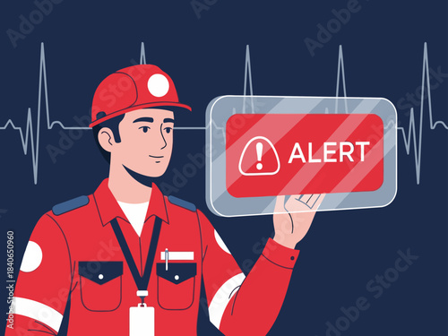 A paramedic holds a tablet displaying an alert, showcasing a vital sign monitor. The image conveys urgency and professionalism. Modern, graphic style.