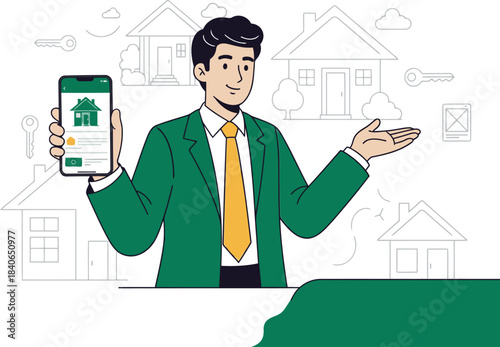 A professional man showcases a real estate app on his phone, gesturing towards stylized house icons. Modern, bright illustration promoting homeownership. Ideal for property marketing.
