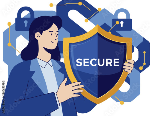 A professional woman confidently holds a shield with 'Secure' text, symbolizing digital protection. Modern illustration style, vibrant colors, and a positive expression convey trust and security.