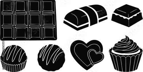 Flat design silhouette confectionery icon set chocolate bar bonbons truffles heart chocolates cupcake with frosting close up top view isolated black and white vector art collection