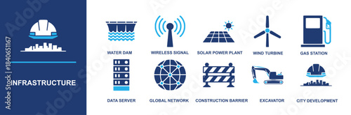 Infrastructure icon set. Containing water dam, wireless signal, solar power plant, wind turbine, gas station, data server, global network, construction barrier, excavator, city development and more. S