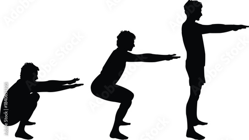 black vector silhouettes of young man showing right squat positions isolated on white background vector illustration