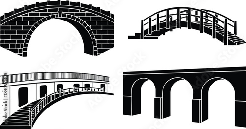 Minimalist vector silhouette of four arched bridge designs showing stone wooden and modern foot bridges in side view close up black on white low angle isolated