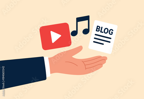 Content creator, creativity to create video, music or writing blog online social media, entertainment marketing, streaming concept, creator hand holding online broadcasting content elements.