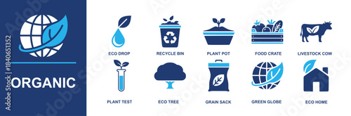 Organic icon set. Containing eco drop, recycle bin, plant pot, food crate, livestock cow, plant test, eco tree, grain sack, green globe, eco home and more. Solid vector icons