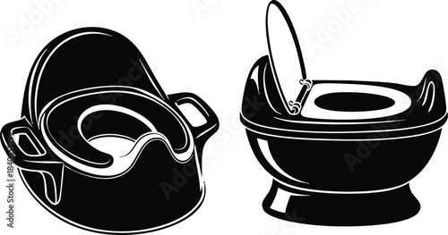 Silhouette vector side by side child potty seats with removable bowl handles open lid and closed seat front and three quarter angle bathroom icon clip art