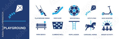 Playground icon set. Containing playground swing, kids slide, soccer ball, kite flying, kick scooter, park bench, climbing wall, rope ladder, carousel horse, group activity and more. Solid vector icon