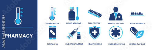 Pharmacy icon set. Containing thermometer, liquid medicine, tablet strip, medical doctor, medicine shelf, digital pill, injection vaccine, health shield, emergency star, herbal capsule and more. Solid
