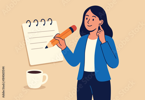Content writer, blogger, bullet journalist or publishing editor concept, young smart woman freelance holding big pencil thinking and writing content on notepad paper with cup of coffee