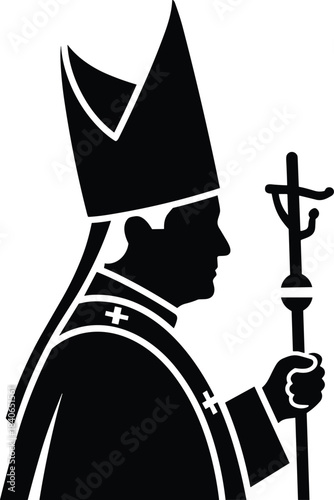 Silhouette of a bishop wearing a mitre and holding a crosier religious clergy