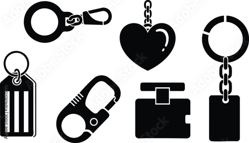 Flat design black silhouette keychain icon set close up assorted key fob shapes heart tag carabiner wallet ring chain isolated on white simple modern clean vector
