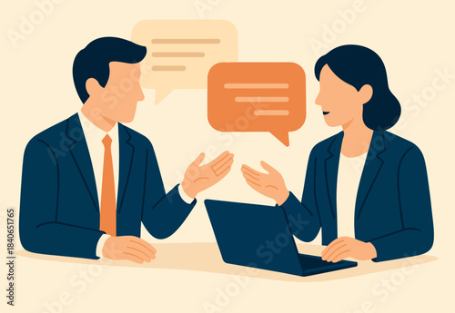 Conversation or work discussion, communicate at work for success, advice or suggestion, dialogue message, talk or speaking concept, business people colleague discussing work on speech bubble message.