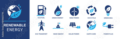 Renewable energy icon set. Containing eco fuel, green energy, wind power, eco cycle, green idea, eco transport, wave energy, solar power, earth care, power plug and more. Solid vector icons