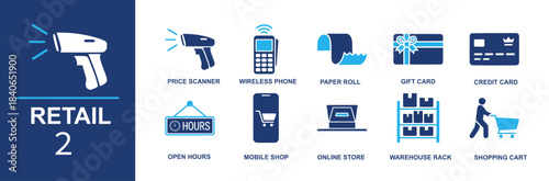 Retail icon set. Containing price scanner, wireless phone, paper roll, gift card, credit card, open hours, mobile shop, online store, warehouse rack, shopping cart and more. Solid vector icons