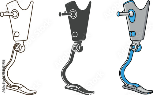 Prosthetic leg in different styles isolated on white background outline, silhouette and colored version of a leg prosthesis medical equipment concept