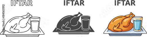 Iftar meal illustration set isolated on white background featuring a roasted chicken and a glass of water, perfect for ramadan celebrations and cultural events