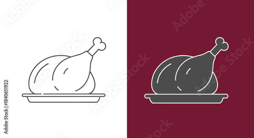 Illustration of a roasted chicken on a platter, presented in both a light outline style and a solid dark style, isolated on white background