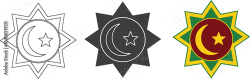 Symbol of the druze religion isolated on white background, featuring a star and crescent moon, in line art, silhouette, and color versions for versatility