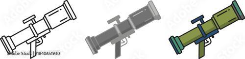 Illustration of a bazooka isolated on white background, a shoulderlaunched missile weapon used in combat, depicted in three different styles outline, grayscale, and color