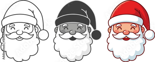 Three santa claus heads in different styles isolated on white background outline, grayscale, and colored christmas character for greeting card