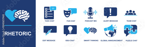 Rhetoric icon set. Containing task chat, fun chat, podcast mic, alert message, team chat, edit message, idea chat, smart thinking, global announcement, puzzle chat and more. Solid vector icons