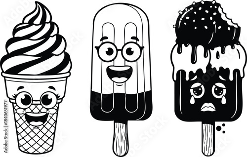Line art cute ice cream trio with faces front view smiling happy and sad bitten melting popsicles with soft serve cone on sticks monochrome vector playful