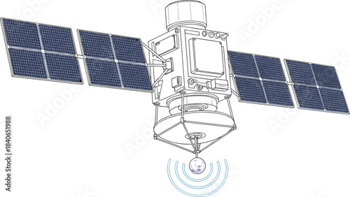 Illustration of a satellite isolated on white background, showcasing its solar panels and communication capabilities for space exploration and research