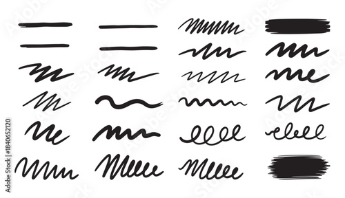 Hand drawn black scribble lines and brush stroke doodle set in bold marker style isolated on a clean white background