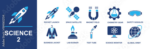 Science icon set. Containing rocket launch, space satellite, magnet field, chemistry gear, safety goggles, business jacket, lab burner, test tube, science monitor, global orbit and more. Solid vector 