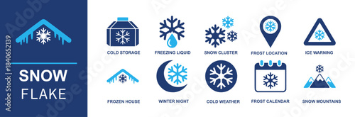 Snow flake icon set. Containing cold storage, freezing liquid, snow cluster, frost location, ice warning, frozen house, winter night, cold weather, frost calendar, snow mountains and more. Solid vecto