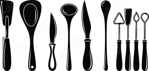 Flat silhouette kitchen utensil set close up row of black cooking tools including spatula spoon ladle knife peeler and skewers isolated on white background high contrast