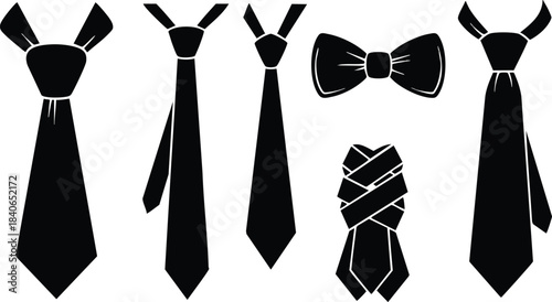 Flat design minimalist tie collection showing five black neckwear silhouettes front view bow tie included close up isolated on white background top down arranged elegant accessory