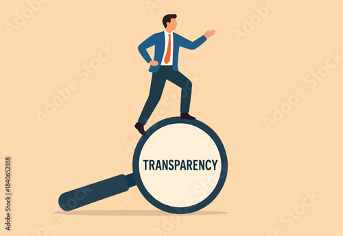Corporate transparency, integrity or trust, business management with responsibility, financial transparent, legal or agreement for ethic report concept, businessman on magnifying glass transparency.