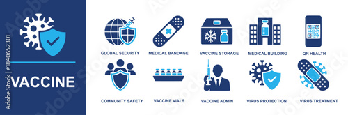 Vaccine icon set. Containing global security, medical bandage, vaccine storage, medical building, qr health, community safety, vaccine vials, vaccine admin, virus protection, virus treatment and more.