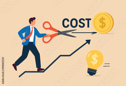 Cost reduction, cut expense to increase profit, improve business profitability by reduce spending, decrease investment fees, businessman using scissors to cut heavy cost burden and let profit run
