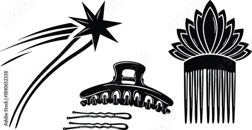 Flat icon set three black silhouette hair accessories and shooting star cluster close up top view comb claw clip bobby pins decorative lotus crest vector icons